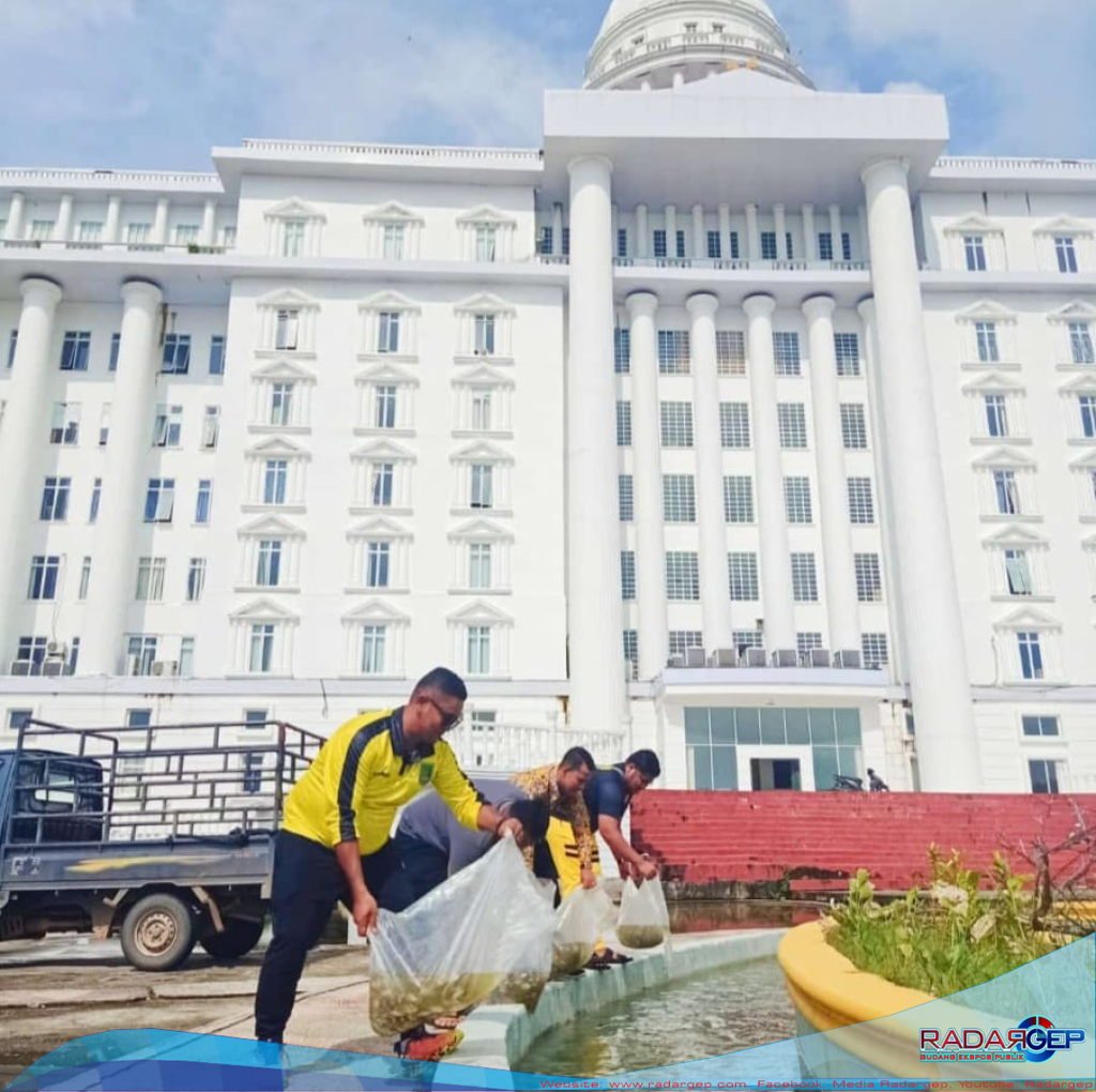 Kabag Umum Sekda Rohil Tabur Benih Ikan di Kolam Air Mancur Kantor Bupati